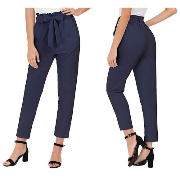 Brandy Blu Slim Fit Navy Paper Bag High Waisted Pants with Tie Front Size M - Picture 2 of 9